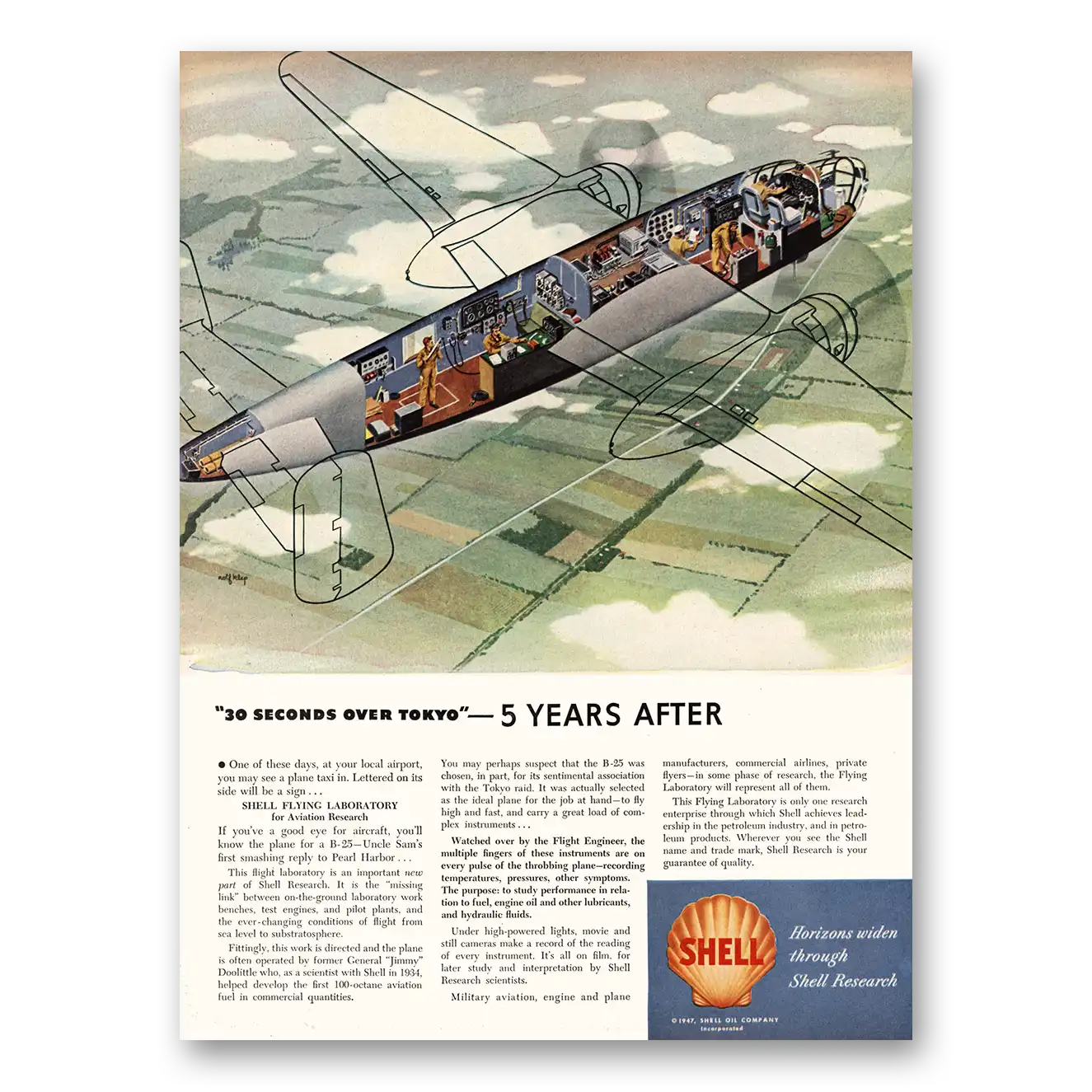 1947 Shell Research 30 Seconds Over Tokyo 5 Years After Vintage Magazine Print Ad