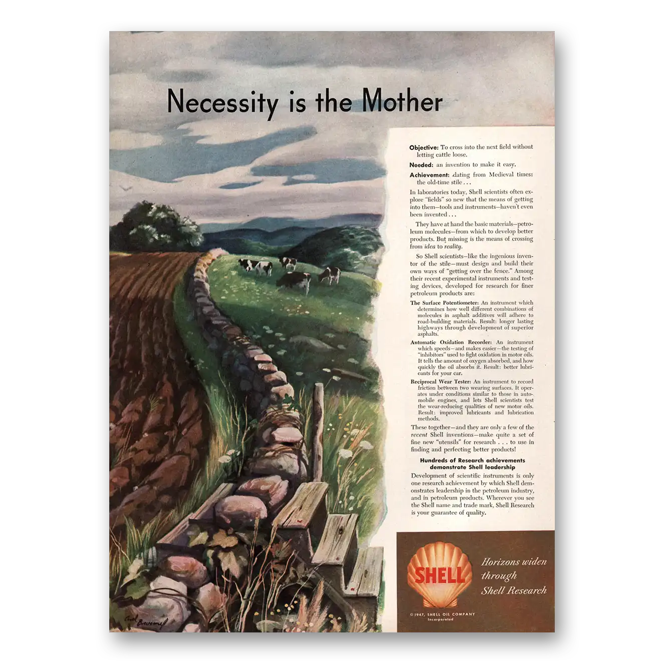 1947 Shell Research Necessity Is the Mother Vintage Magazine Print Ad