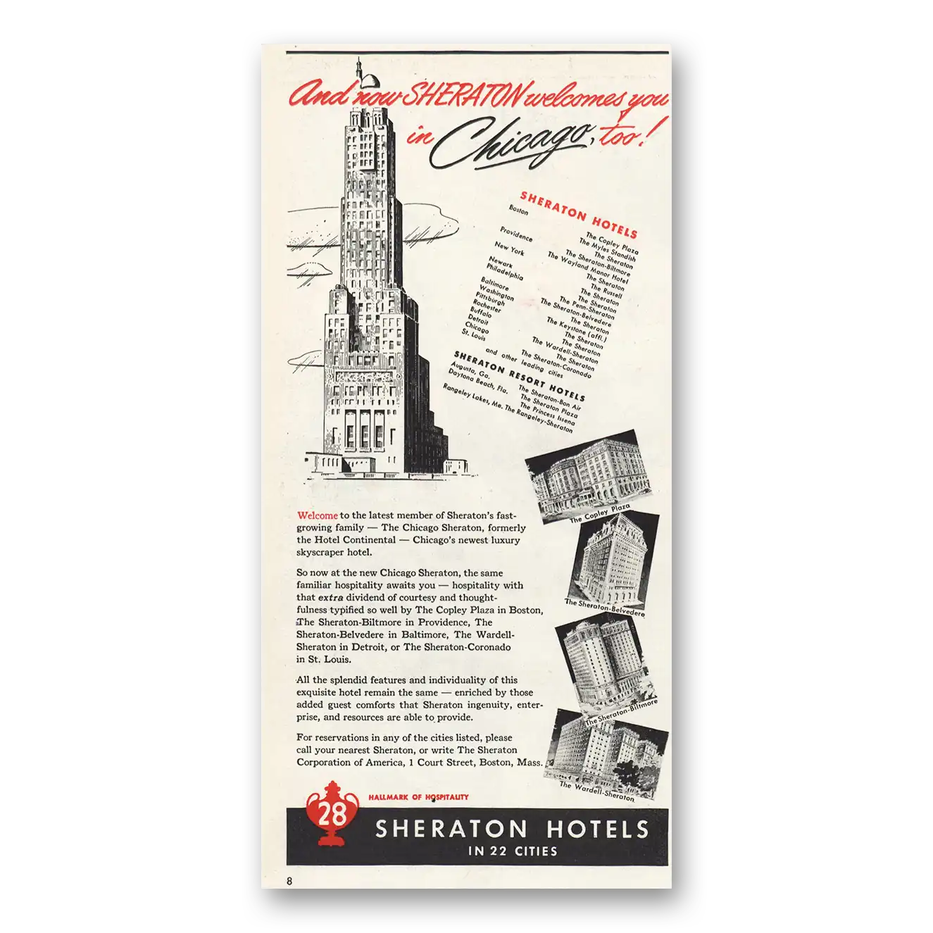 1947 Sheraton Hotels Chicago Vintage Magazine Print Ad