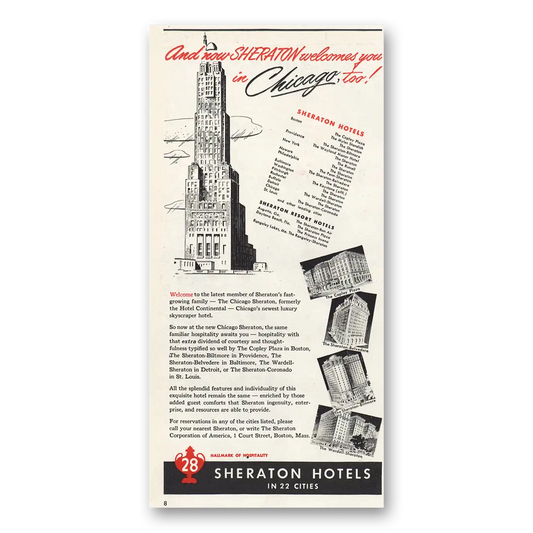 1947 Sheraton Hotels Chicago Vintage Magazine Print Ad