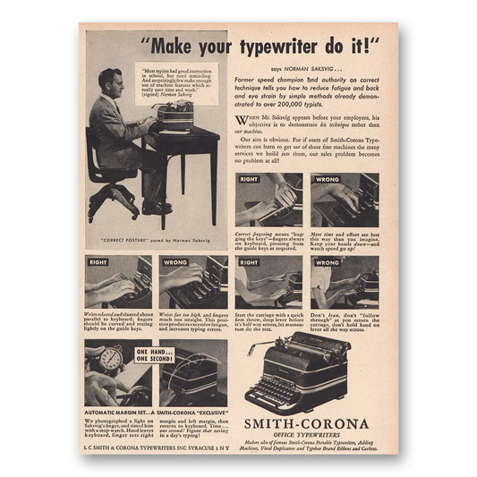 1947 Smith Corona Typewriters Make Typewriter Do It Vintage Magazine Print Ad