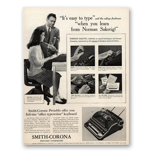 1947 Smith Corona Typewriters Learn From Norman Saksvig Vintage Magazine Print Ad