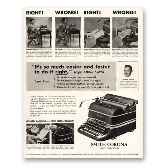 1947 Smith Corona Typewriters Easier and Faster Do It Right Vintage Magazine Print Ad