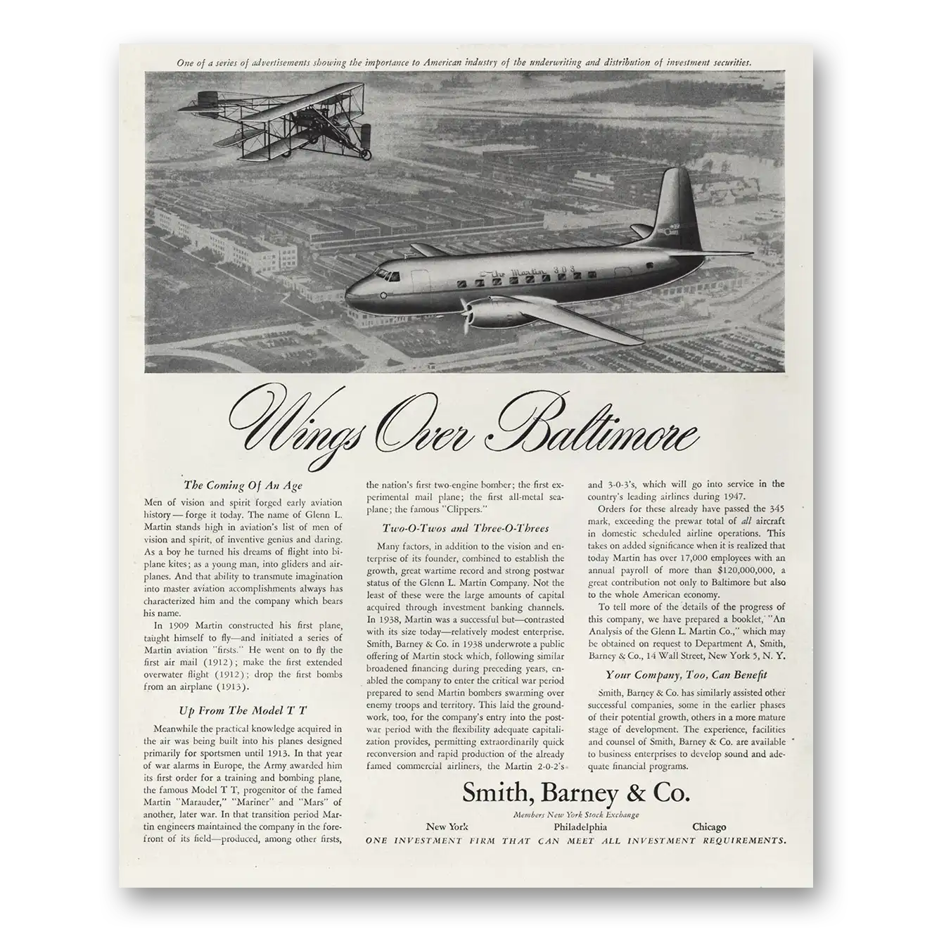 1947 Smith Barney Wings Over Baltimore Vintage Magazine Print Ad