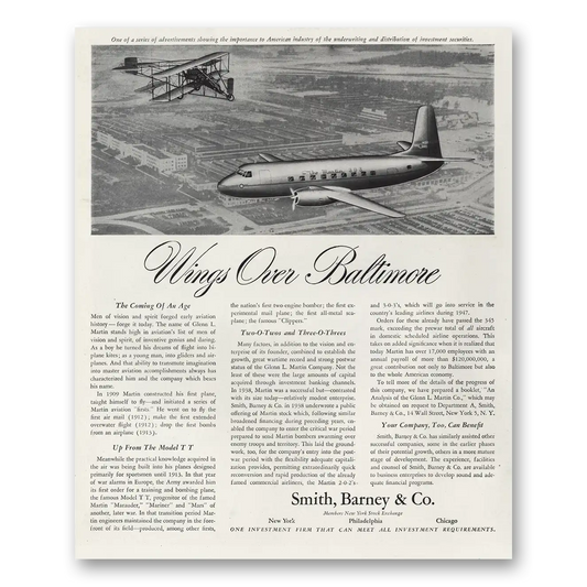 1947 Smith Barney Wings Over Baltimore Vintage Magazine Print Ad