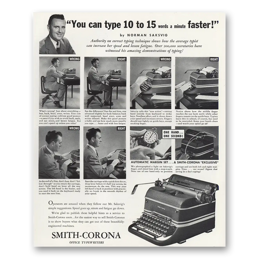 1947 Smith Corona Typewriters Type 10 to 15 Words a Minute Faster Vintage Magazine Print Ad