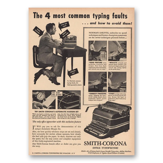 1947 Smith Corona Typewriters Common Typing Faults Vintage Magazine Print Ad