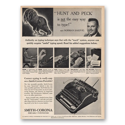 1947 Smith Corona Typewriters Hunt and Peck Vintage Magazine Print Ad