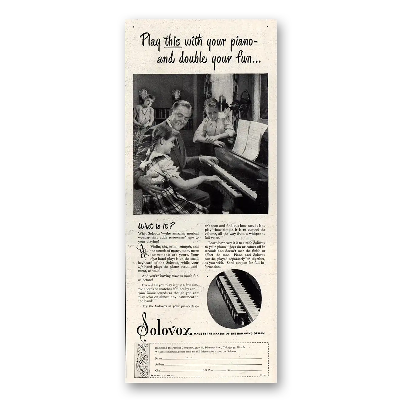 1947 Solovox Play This With Your Piano Vintage Magazine Print Ad