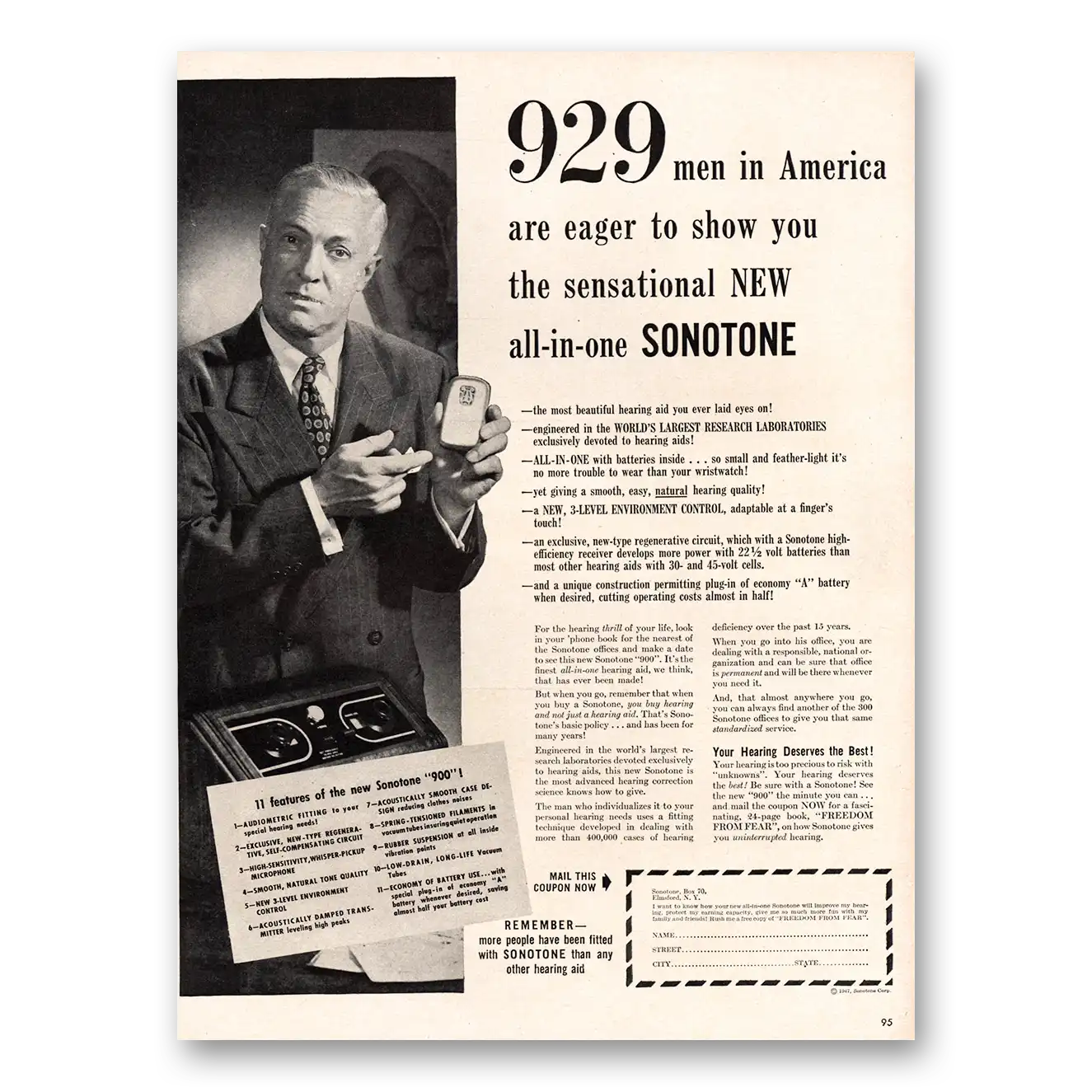 1947 Sonotone Hearing Aid Men in America Vintage Magazine Print Ad