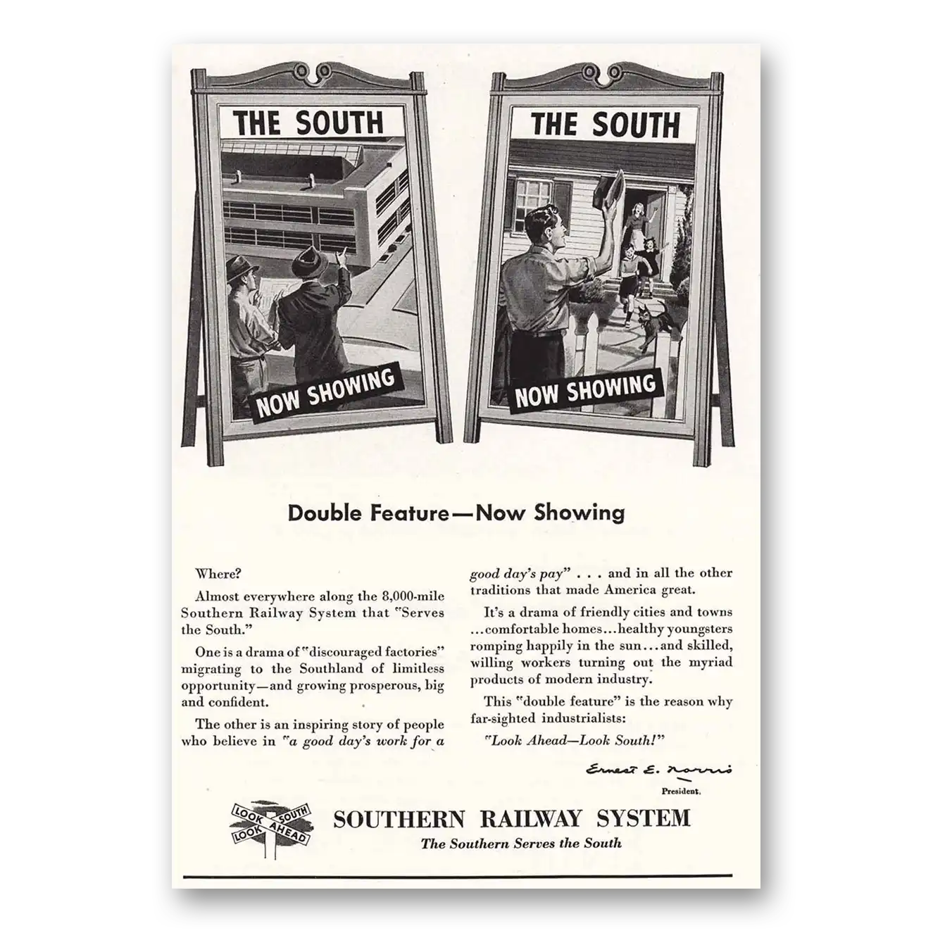 1947 Southern Railway Double Feature Now Showing Vintage Magazine Print Ad