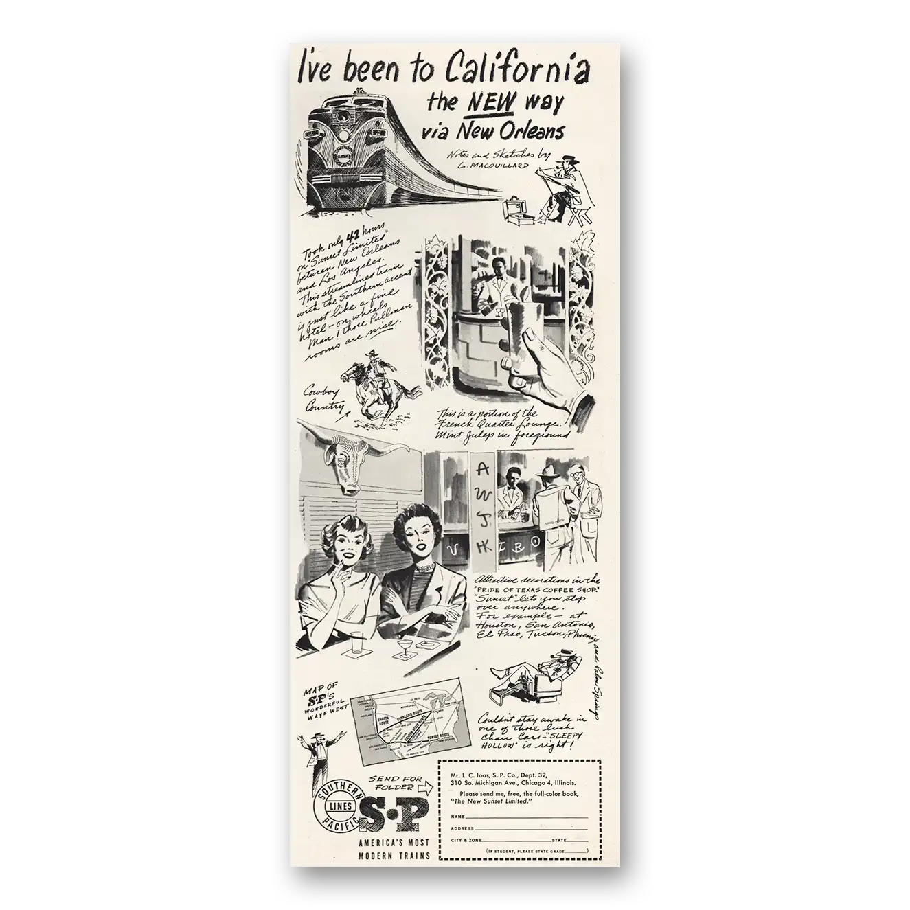 1947 Southern Pacific California New Way via New Orleans Vintage Magazine Print Ad