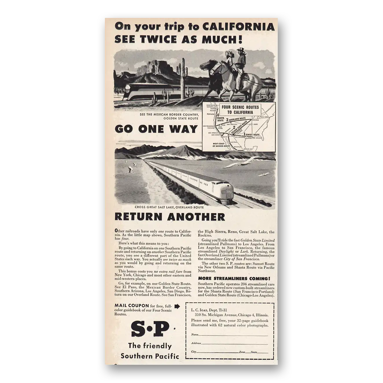 1947 Southern Pacific On Your Trip to California Vintage Magazine Print Ad