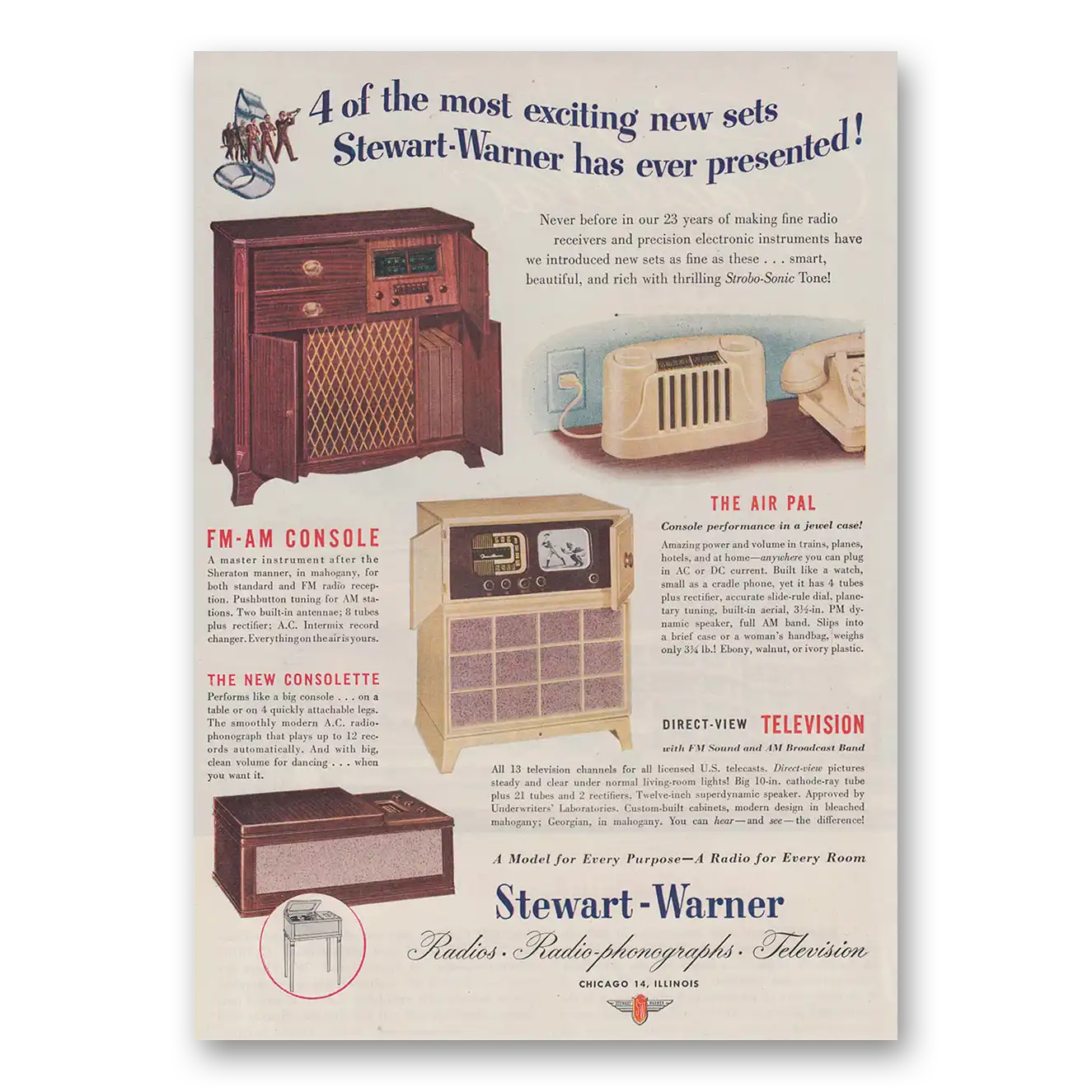 1947 Stewart Warner Radios Air Pal FM AM Console Consolette Vintage Magazine Print Ad