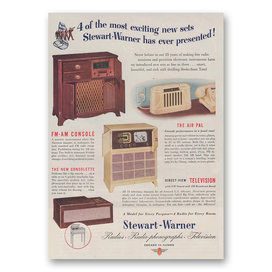 1947 Stewart Warner Radios Air Pal FM AM Console Consolette Vintage Magazine Print Ad