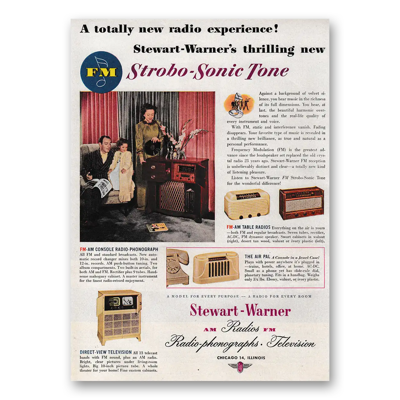 1947 Stewart Warner Strobo Sonic Radio Totally New Radio Experience Vintage Magazine Print Ad