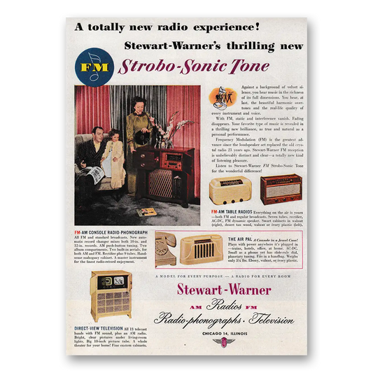 1947 Stewart Warner Strobo Sonic Radio Totally New Radio Experience Vintage Magazine Print Ad