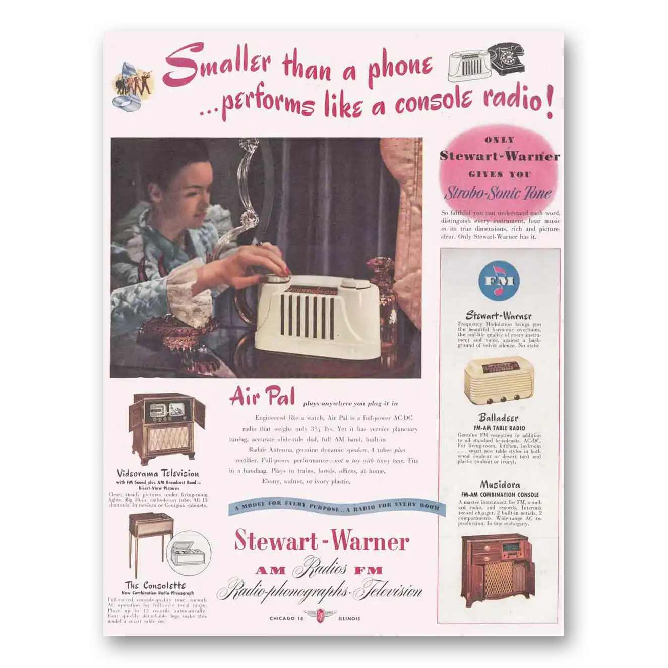 1947 Stewart Warner Air Pal Radio Smaller Than a Phone Vintage Magazine Print Ad