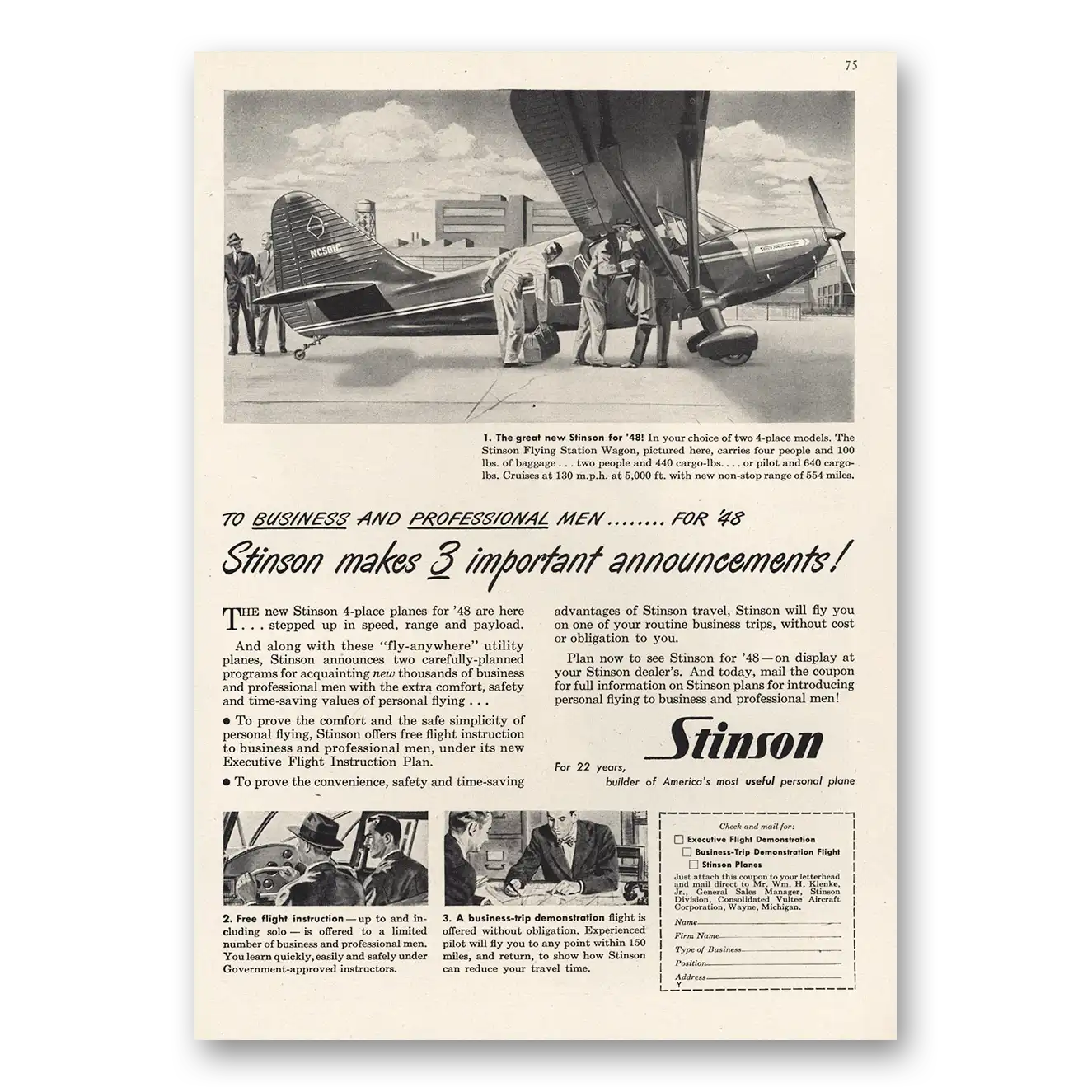 1947 Stinson Flying Station Wagon Airplane Business and Professional Men Vintage Magazine Print Ad