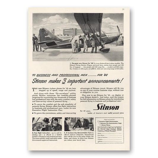 1947 Stinson Flying Station Wagon Airplane Business and Professional Men Vintage Magazine Print Ad