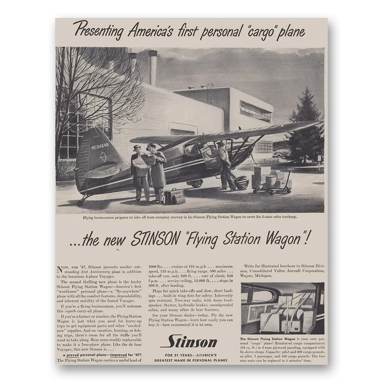 1947 Stinson Flying Station Wagon Airplane First Personal Cargo Plane Vintage Magazine Print Ad