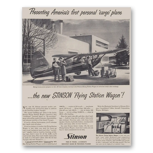 1947 Stinson Flying Station Wagon Airplane First Personal Cargo Plane Vintage Magazine Print Ad