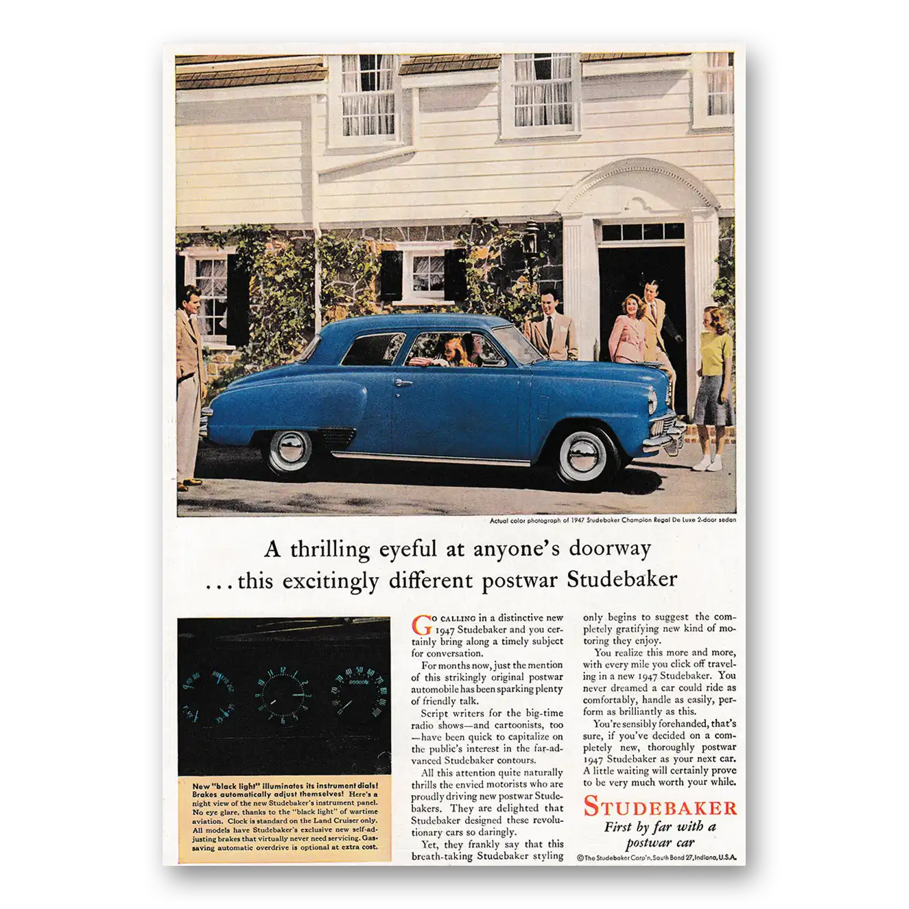 1947 Studebaker Champions Thrilling Eyeful at Anyone's Doorway Vintage Magazine Print Ad