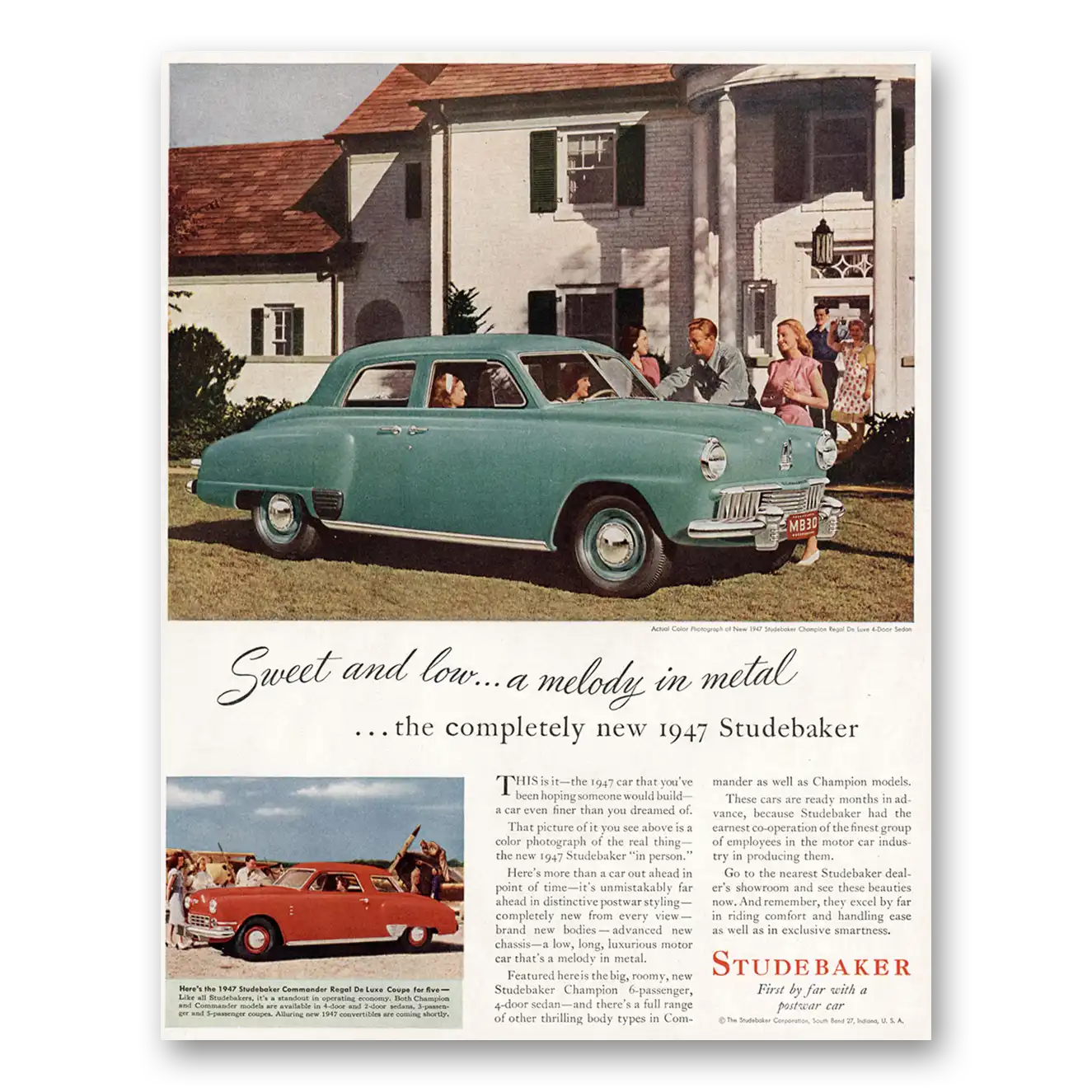 1946 Studebaker Champions Sweet and Low Vintage Magazine Print Ad