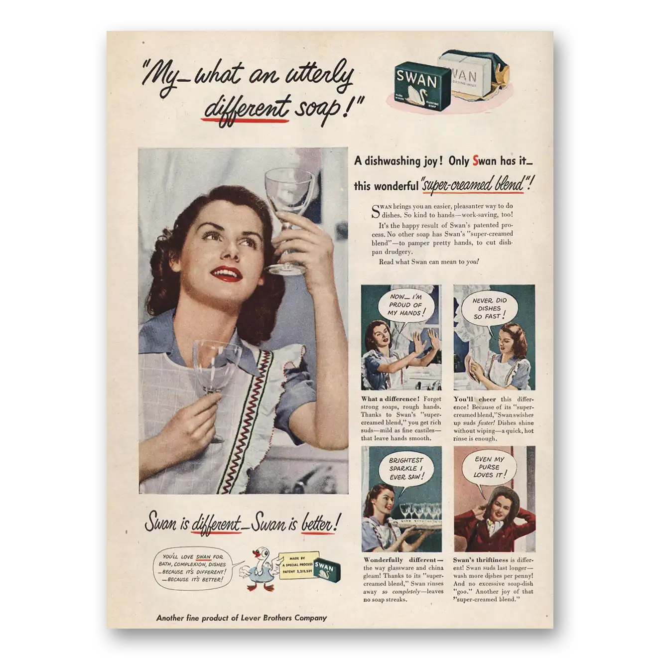 1947 Swan Soap My What Utterly Different Soap Vintage Magazine Print Ad