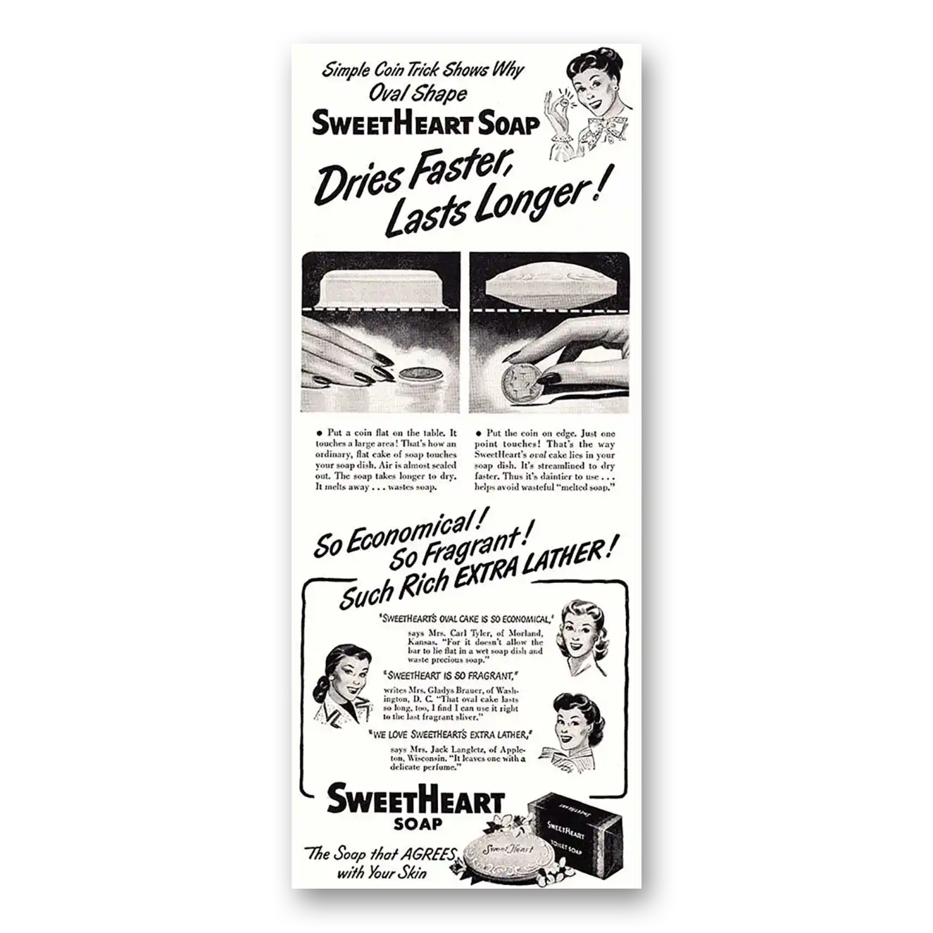 1948 Sweetheart Soap Oval Shapes Dries Faster Vintage Magazine Print Ad