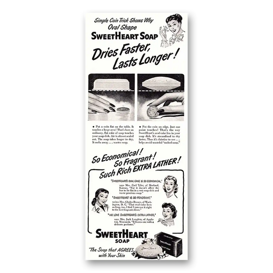 1948 Sweetheart Soap Oval Shapes Dries Faster Vintage Magazine Print Ad