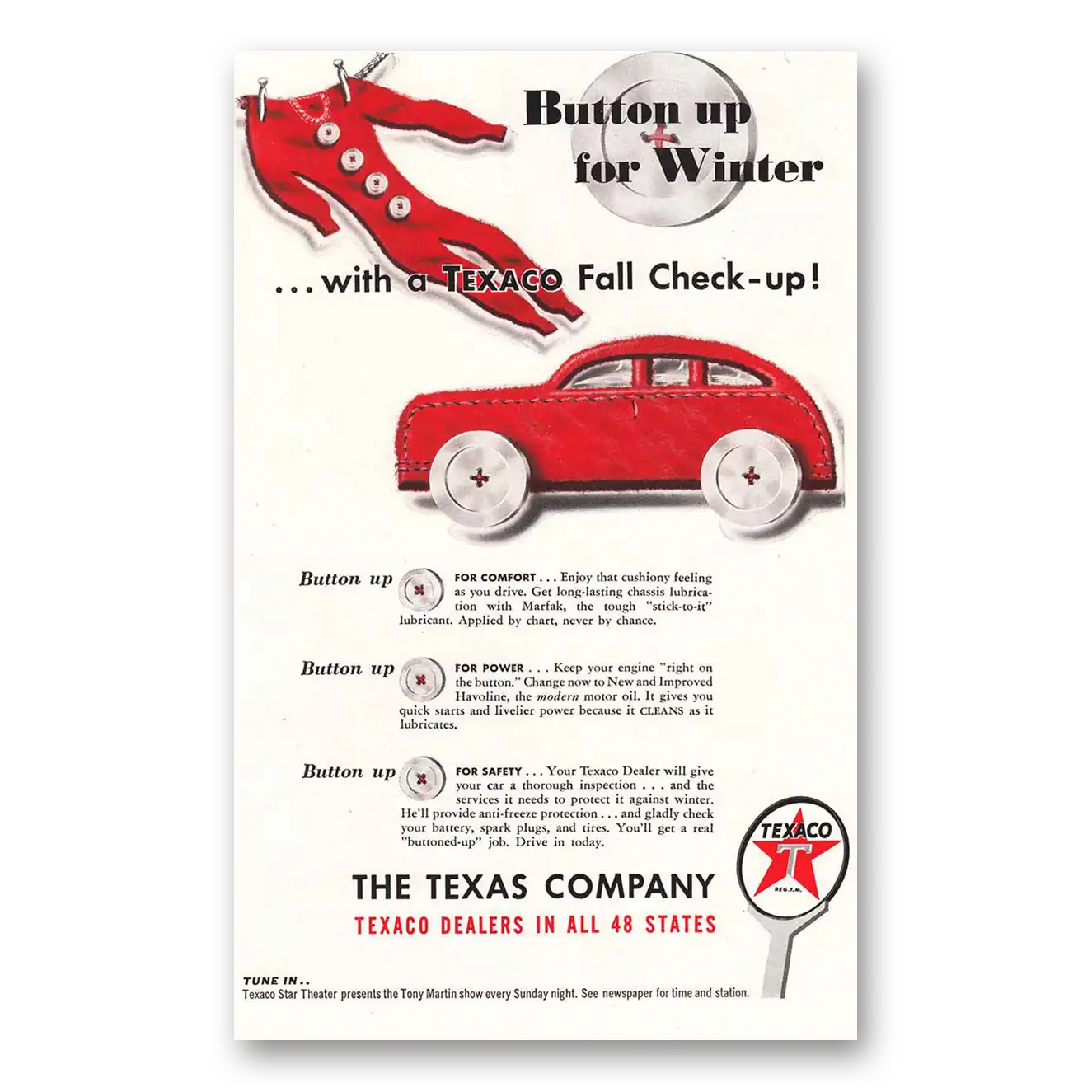 1947 Texaco Button Up for Winter Vintage Magazine Print Ad