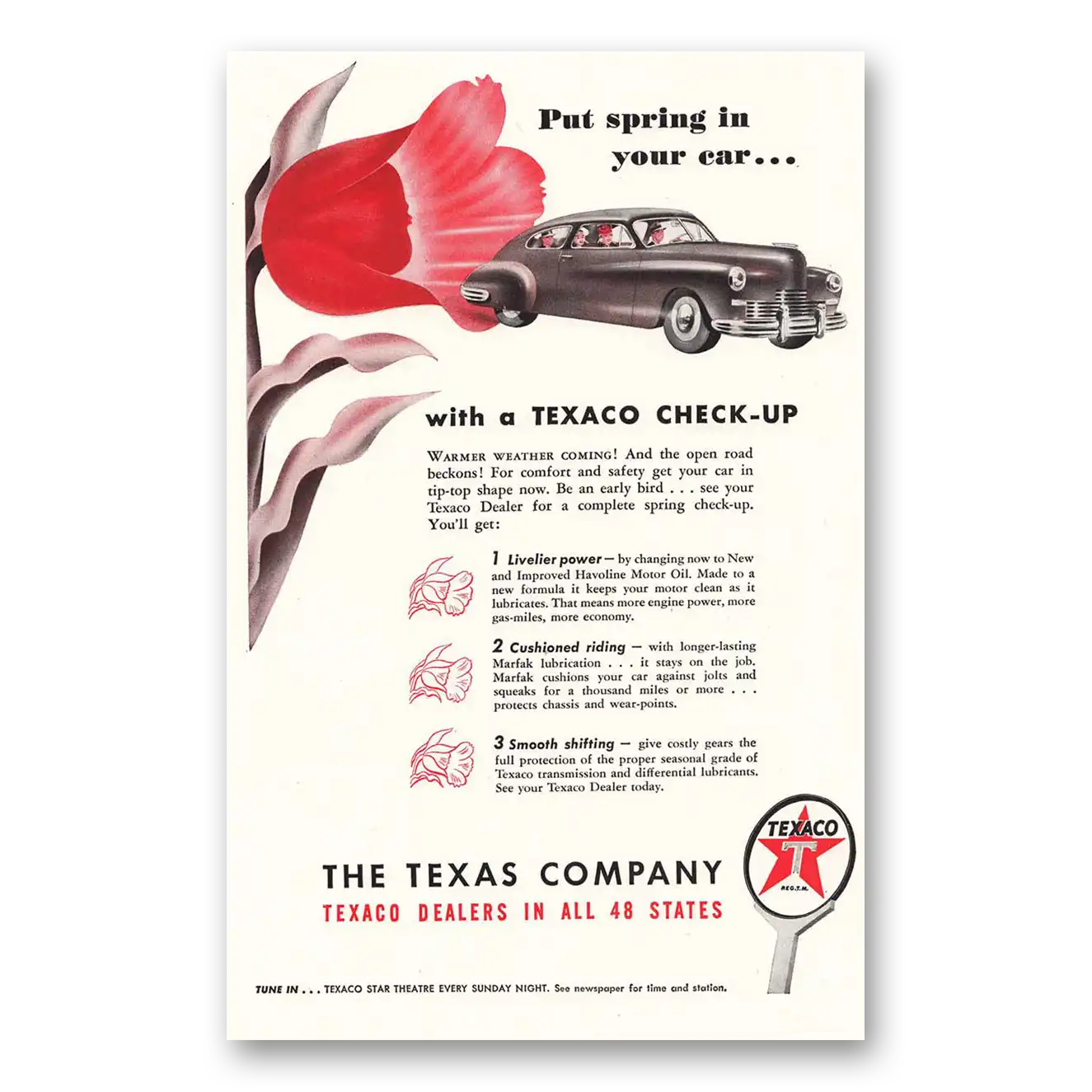 1947 Texaco Put Spring in Your Car Vintage Magazine Print Ad