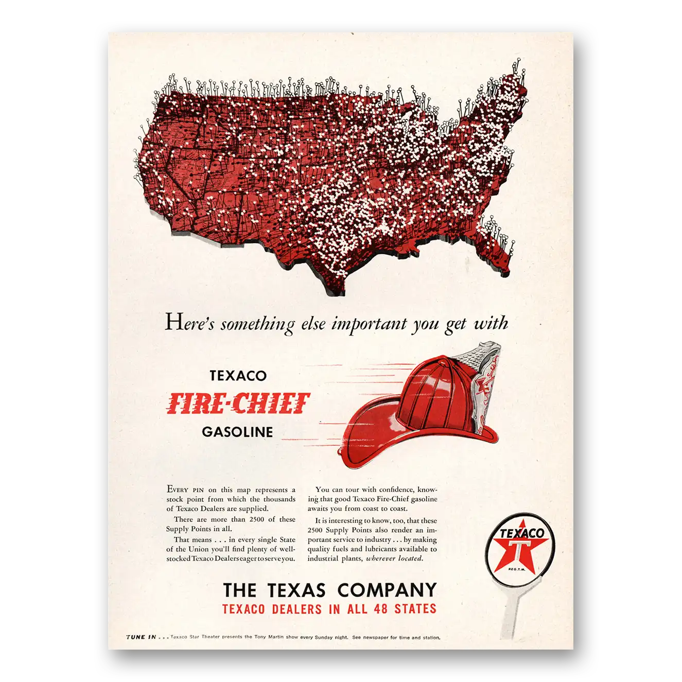 1947 Texaco Fire Chief Gasoline Every Pin On the Map Vintage Magazine Print Ad