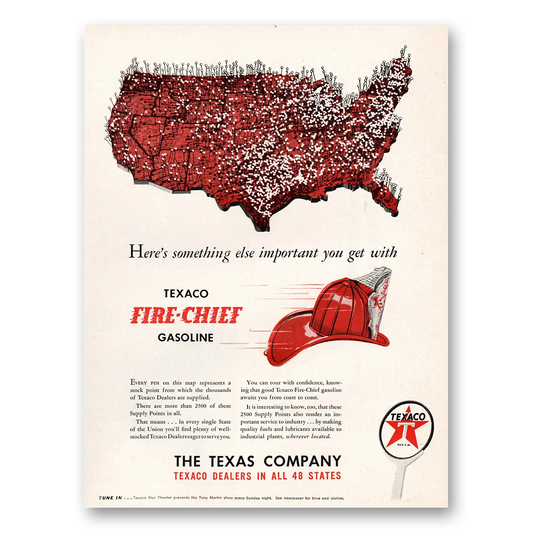 1947 Texaco Fire Chief Gasoline Every Pin On the Map Vintage Magazine Print Ad