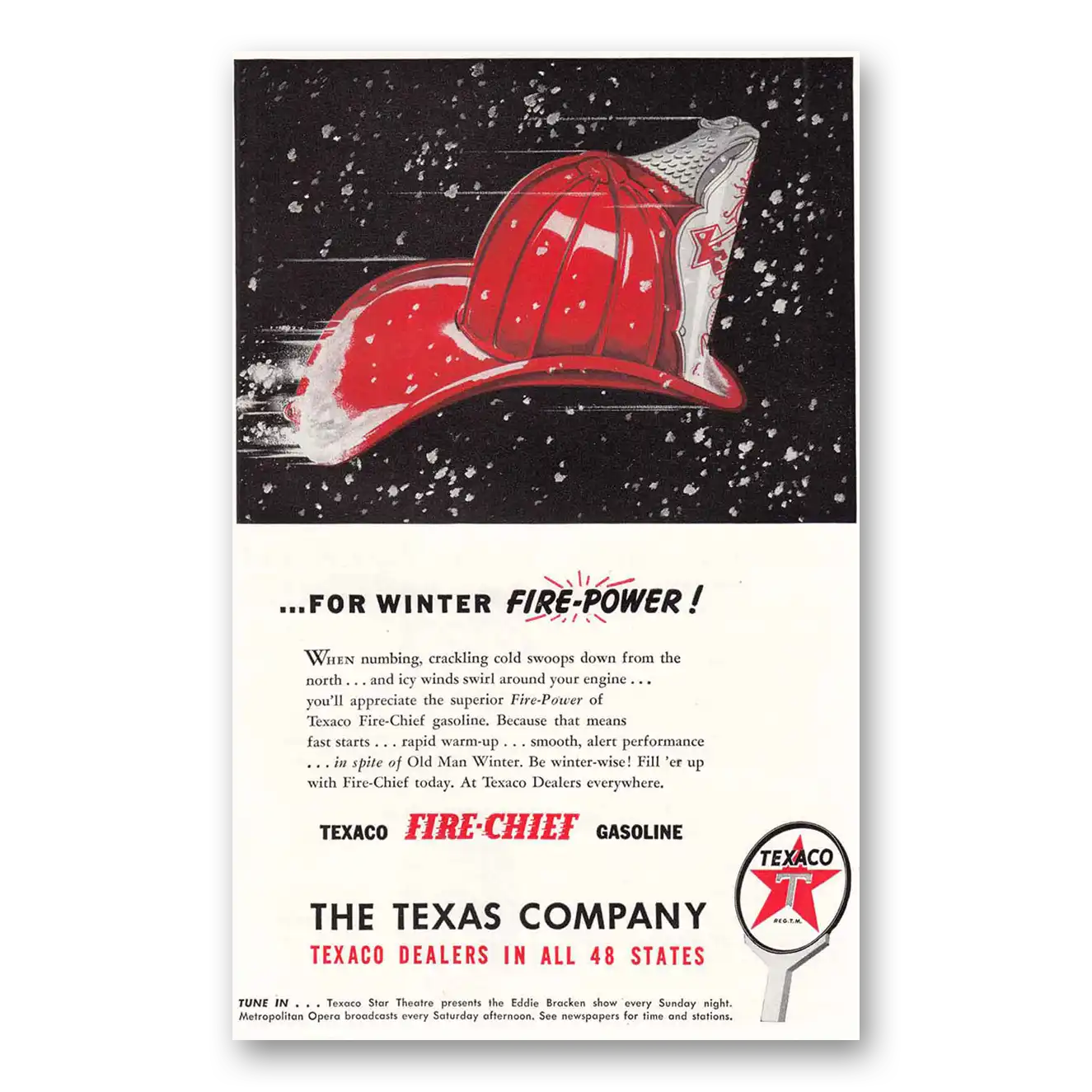 1947 Texaco Fire Chief Gasoline Fire Power Vintage Magazine Print Ad