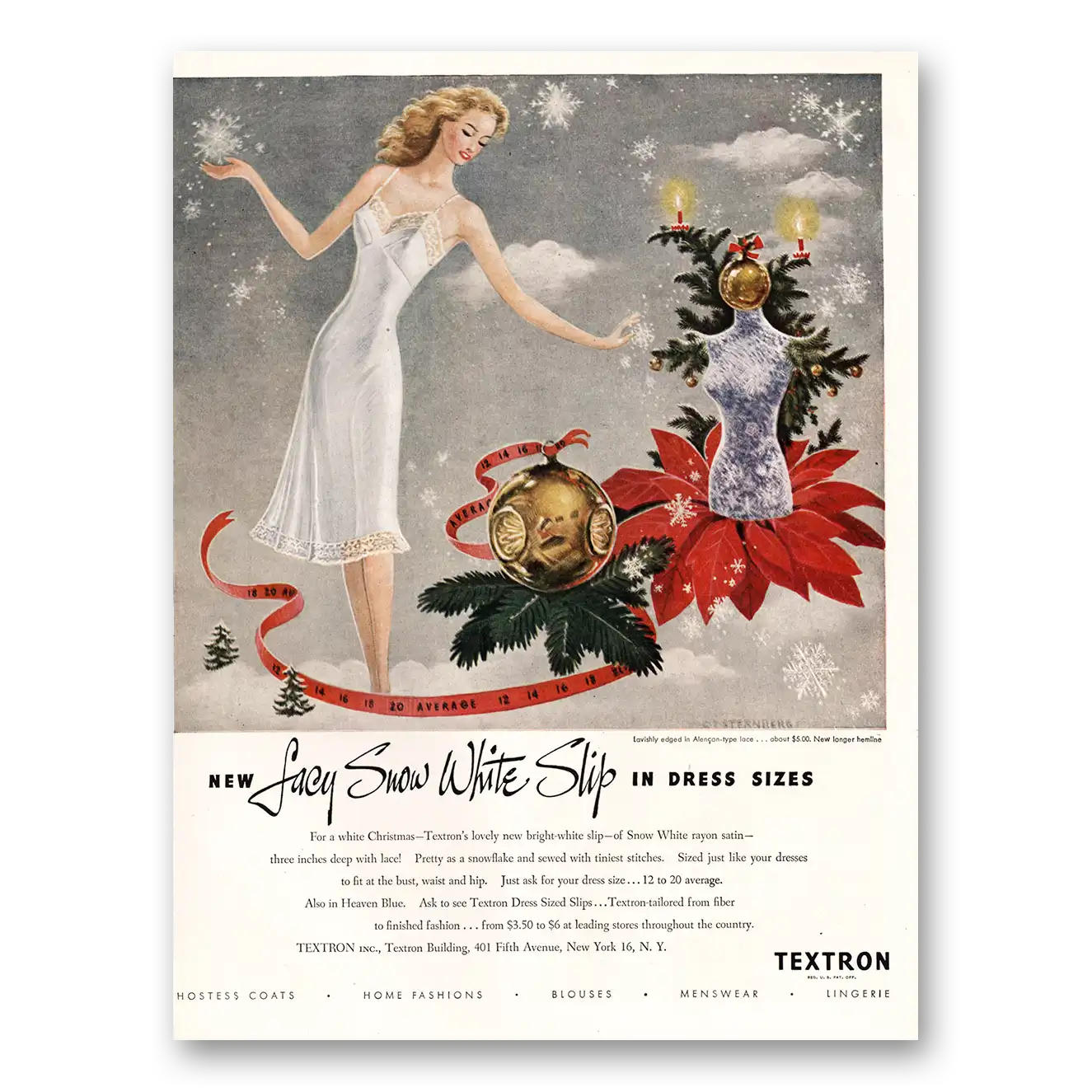 1947 Textron Lacy Snow White Slip Dress Sizes Vintage Magazine Print Ad