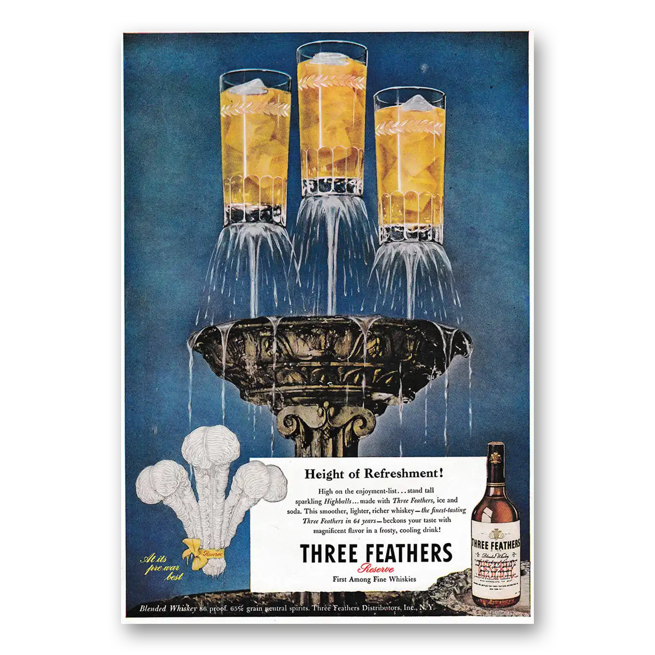 1947 Three Feathers Whiskey Height of Refreshment Vintage Magazine Print Ad