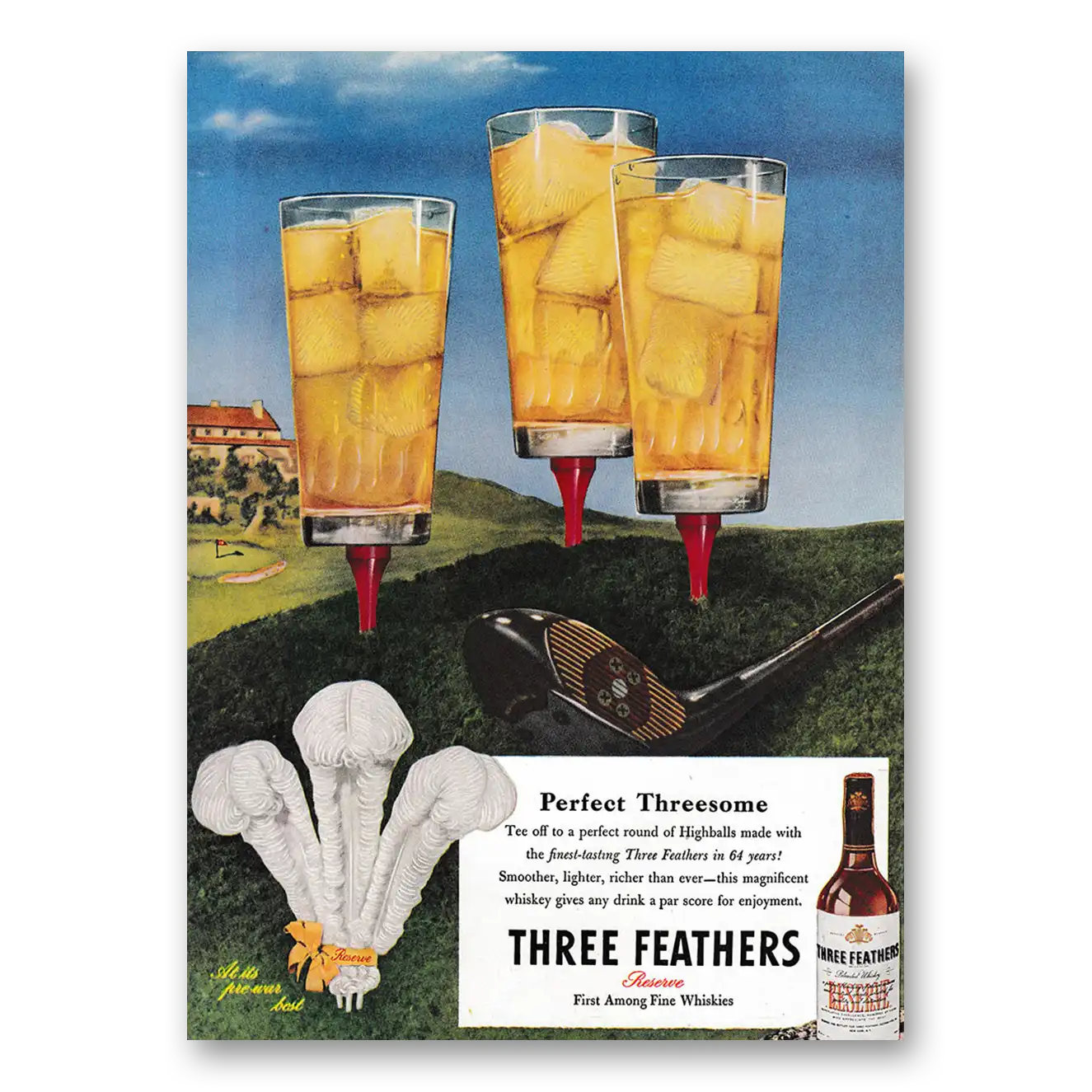 1947 Three Feathers Whiskey Perfect Threesome Vintage Magazine Print Ad