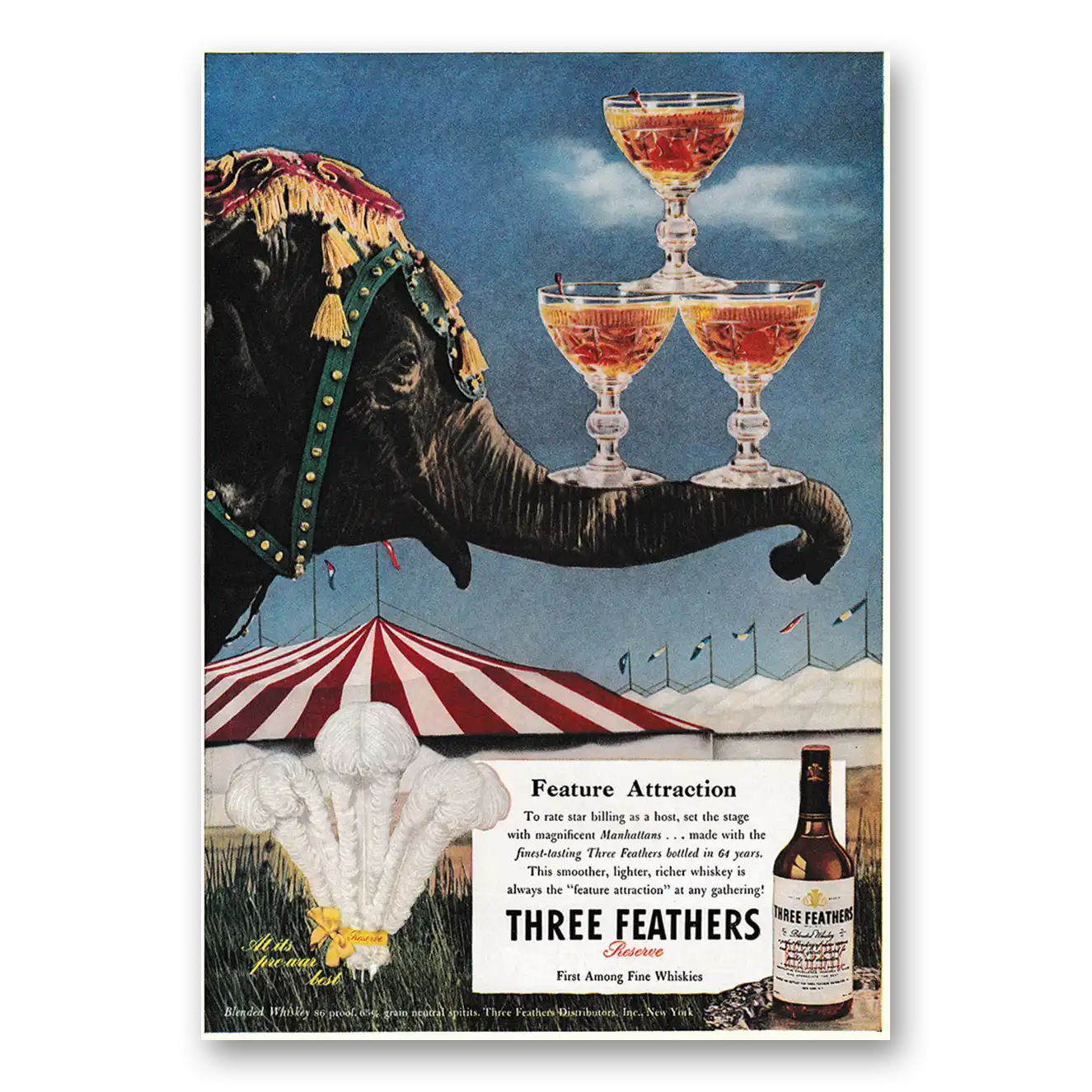 1947 Three Feathers Whiskey Feature Attraction Elephant Vintage Magazine Print Ad