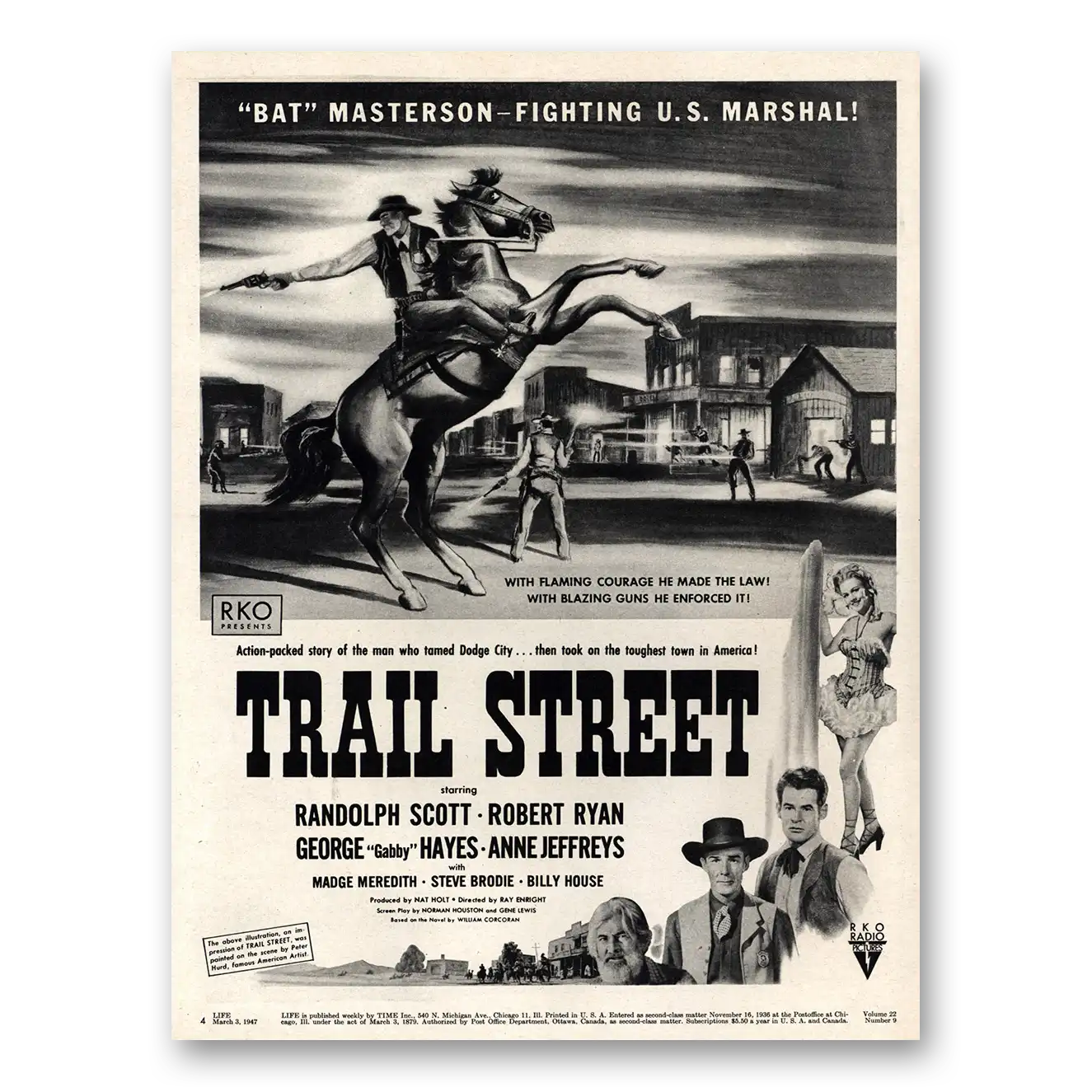 1947 Trail Street Movie Promo Randolph Scott Robert Ryan and George Hayes Vintage Magazine Print Ad