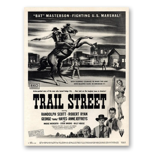 1947 Trail Street Movie Promo Randolph Scott Robert Ryan and George Hayes Vintage Magazine Print Ad