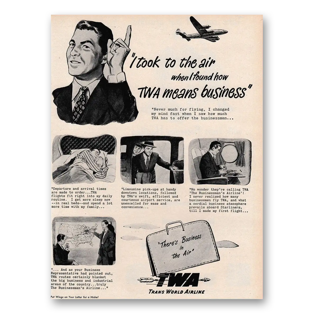 1947 TWA Airlines I Took to The Air When I Found How TWA Means Business Vintage Magazine Print Ad