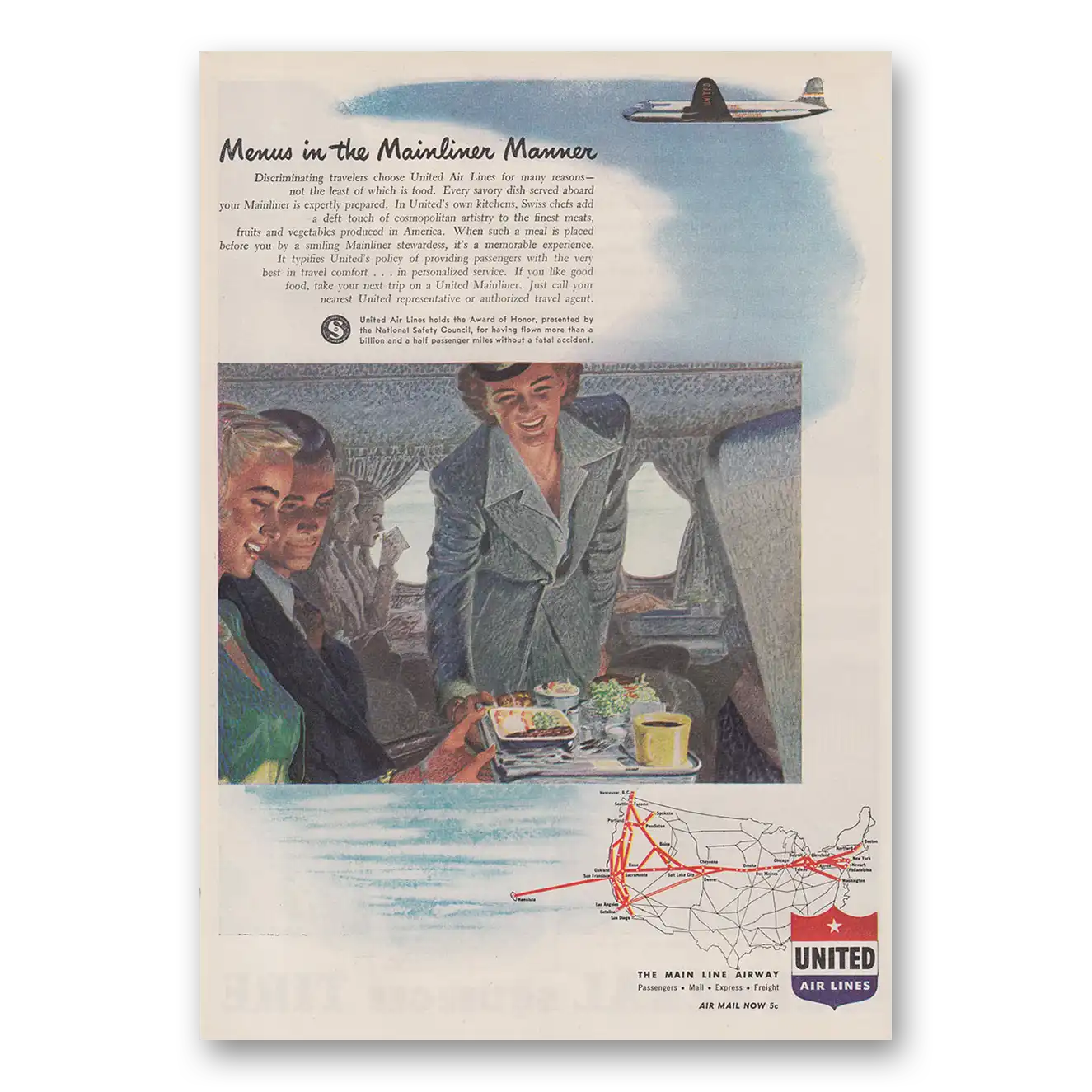 1947 United Airlines Menus In the Mainliner Manner Vintage Magazine Print Ad