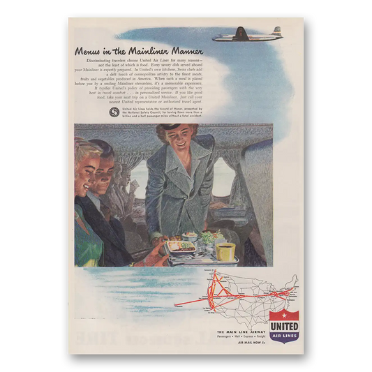 1947 United Airlines Menus In the Mainliner Manner Vintage Magazine Print Ad