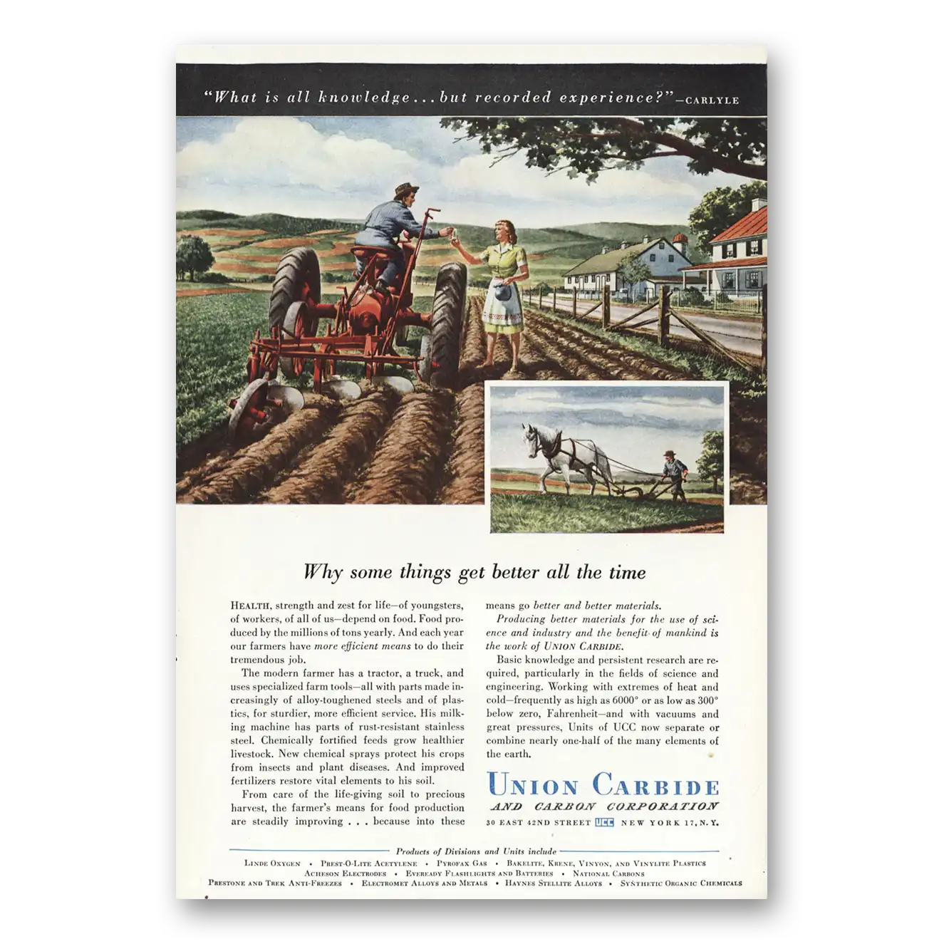 1947 Union Carbide Some Things Get Better Farm Tractor Vintage Magazine Print Ad