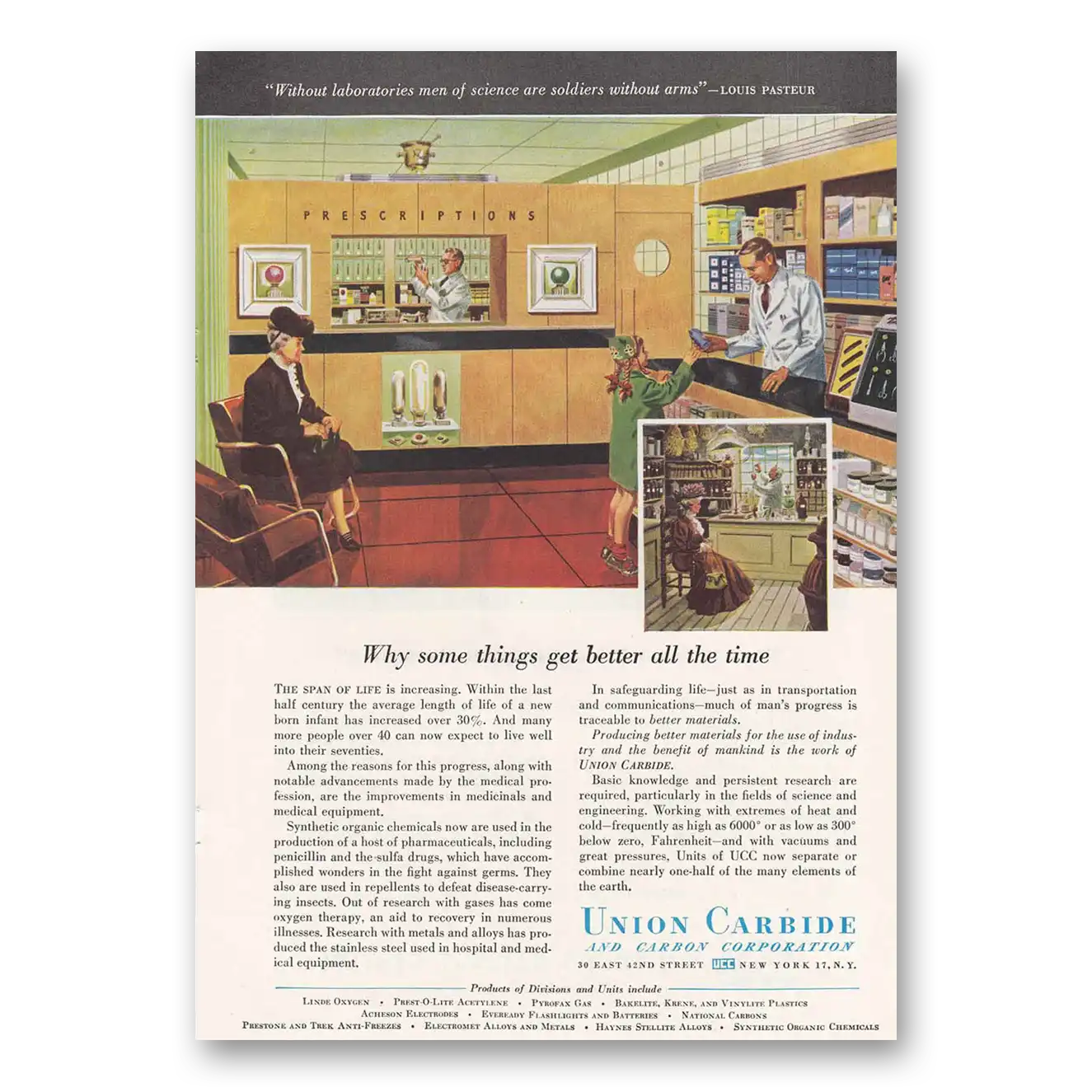 1947 Union Carbide Pharmacy Vintage Magazine Print Ad