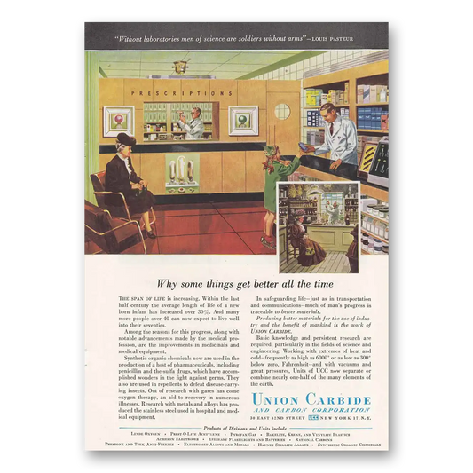 1947 Union Carbide Pharmacy Vintage Magazine Print Ad