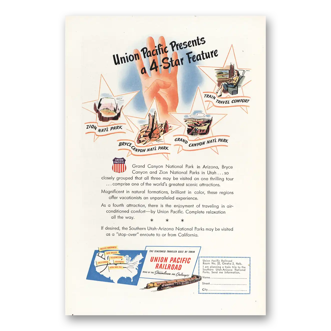 1947 Union Pacific Railroad Presents 4 Star Feature Vintage Magazine Print Ad