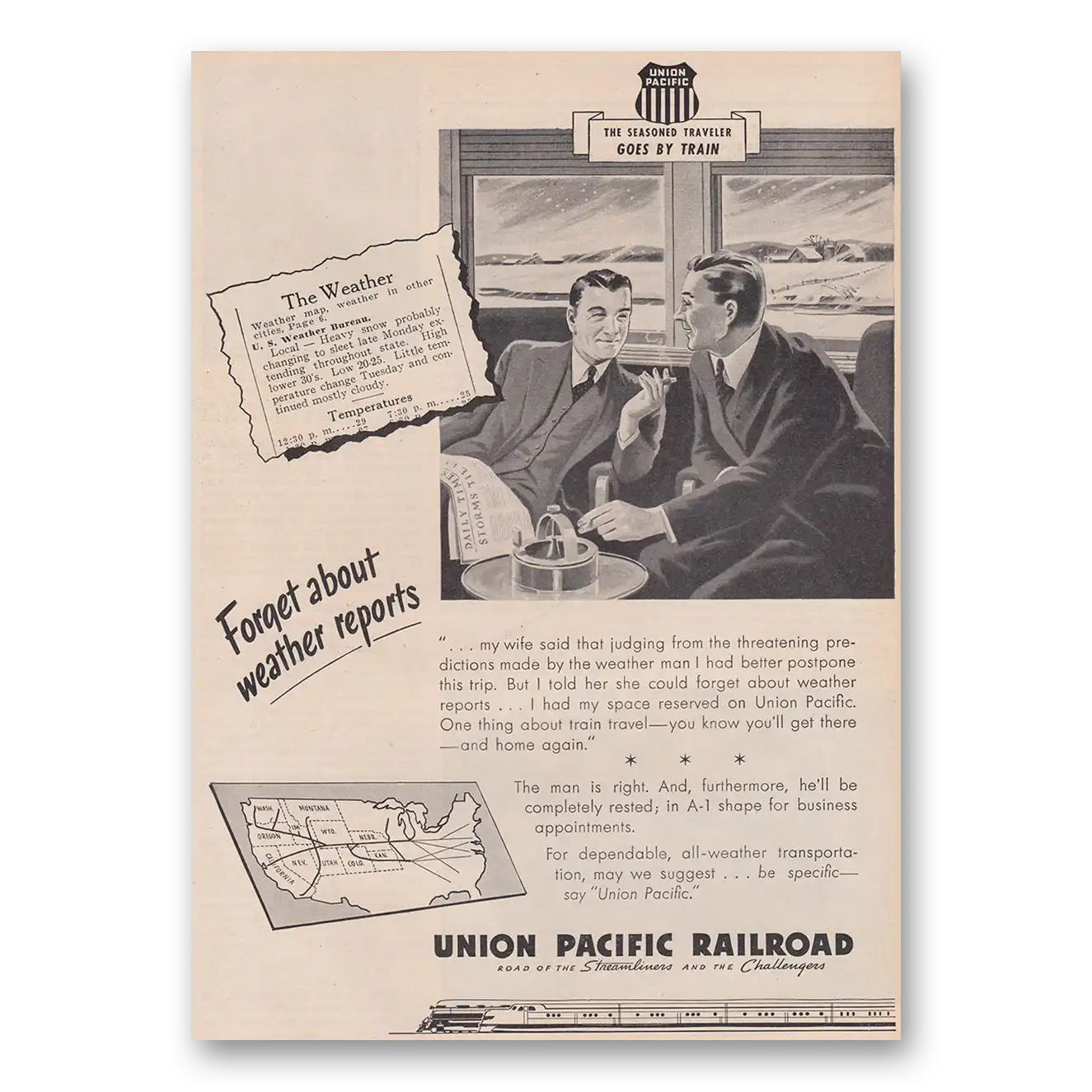 1947 Union Pacific Railroad Forget About Weather Reports Vintage Magazine Print Ad